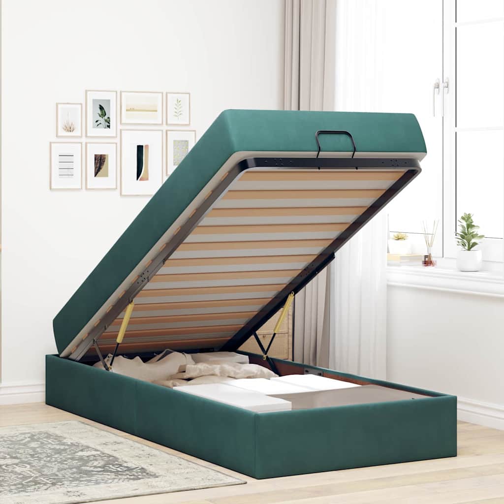 Sengestel Med Madras Med Opbevaring Mørkegrøn 90 X 190 Cm Fløjl - Billede 4