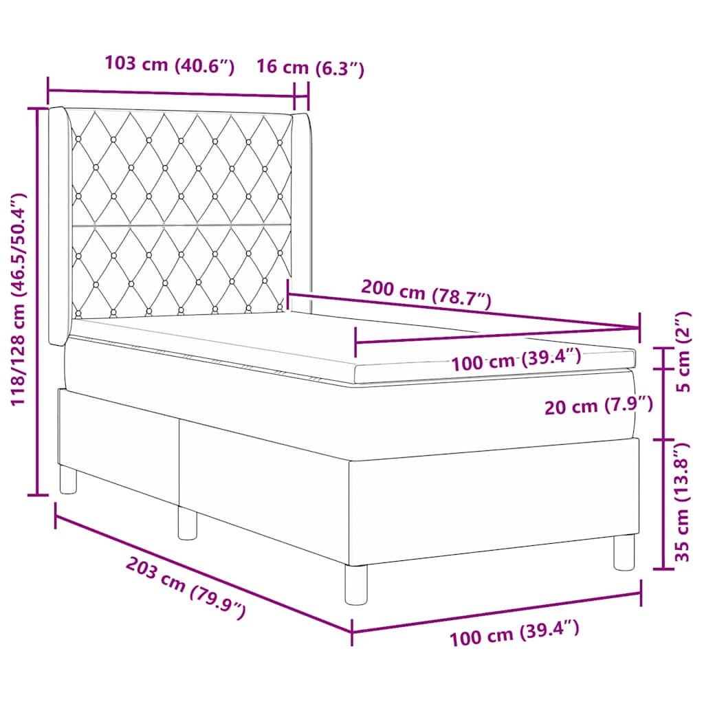Box Spring Seng Med Hovedgærde Mørkegrå 100 X 200 Cm Fløjl - Billede 12