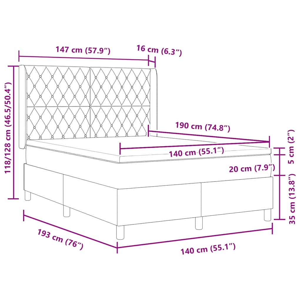 Box Spring Seng Med Hovedgærde Lysegrå 140 X 190 Cm Fløjl - Billede 10