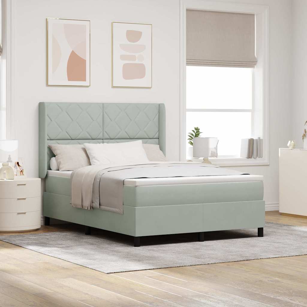 Box Spring Seng Med Hovedgærde Lysegrå 140 X 190 Cm Fløjl - Hovedbillede