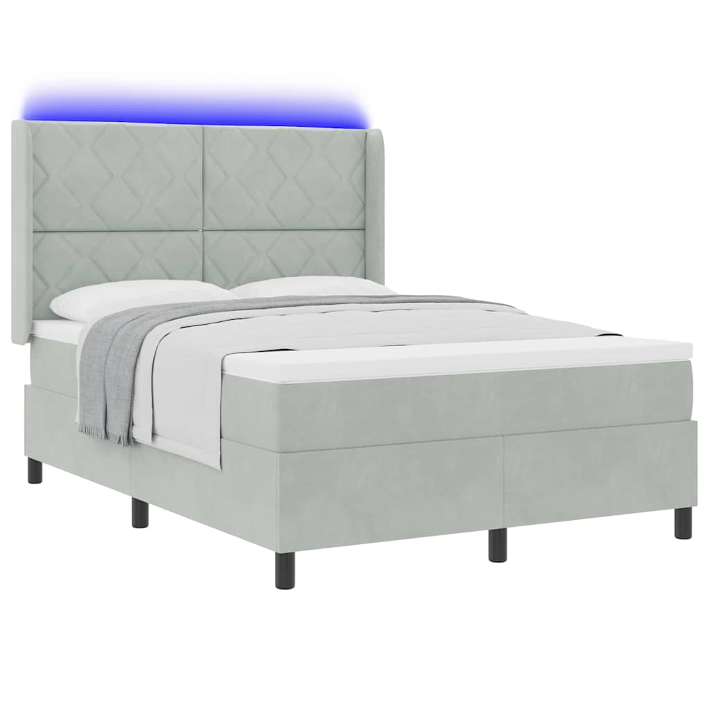 Led Boxspring Seng Med Madras Lysegrå 140 X 190 Cm Fløjl - Billede 3