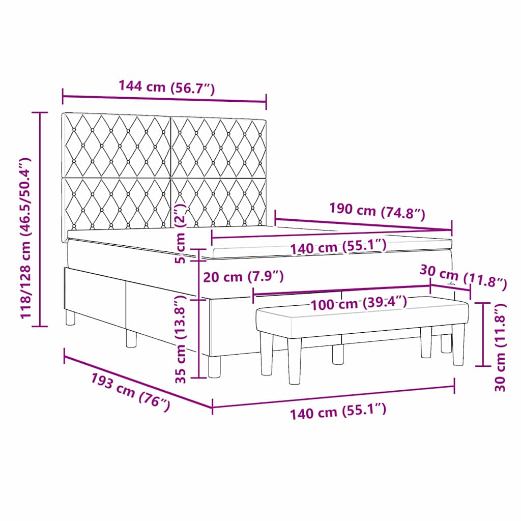 Box Spring Seng Med Madras Lysegrå 140 X 190 Cm Fløjl - Billede 13