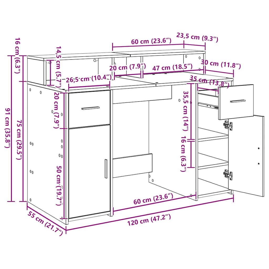 Bord Med Skuffe Sort Eg 120 X 55 X 91 Cm Konstrueret Træ - Billede 13