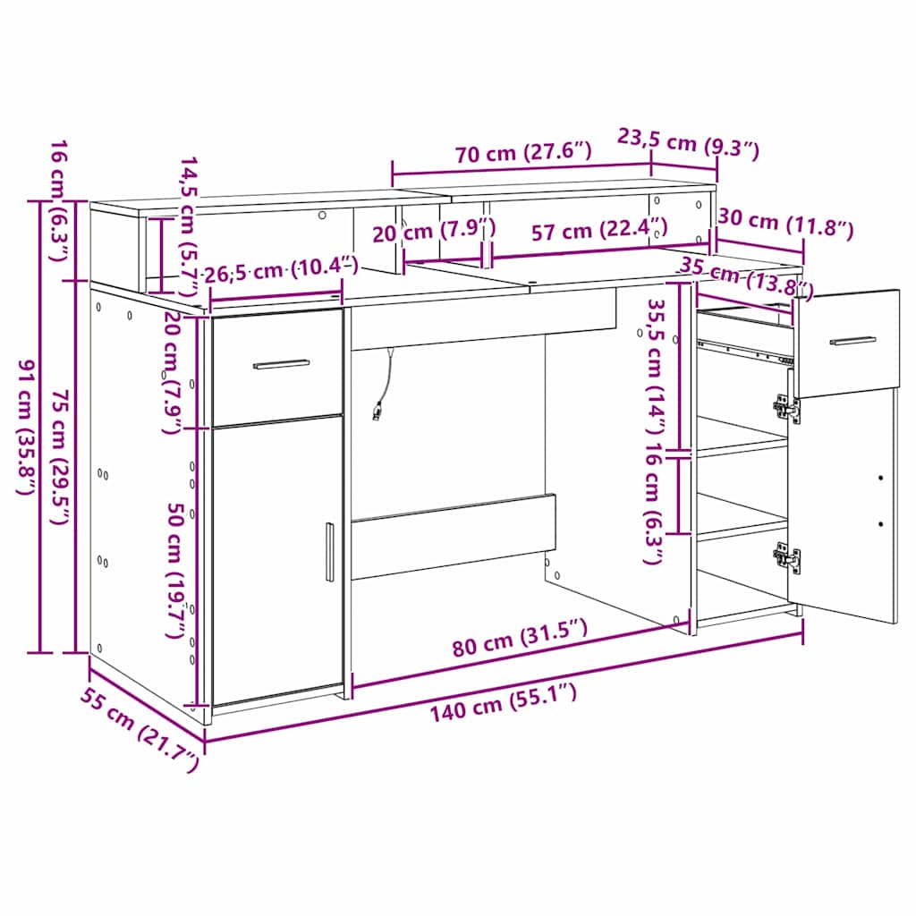 Bord Med Skuffe Sort Eg 140 X 55 X 91 Cm Konstrueret Træ - Billede 13