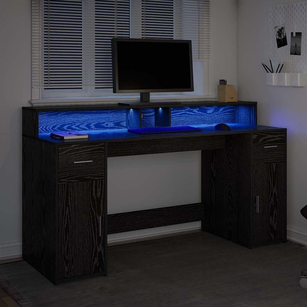 Bord Med Skuffe Sort Eg 160 X 55 X 91 Cm Konstrueret Træ - Billede 5
