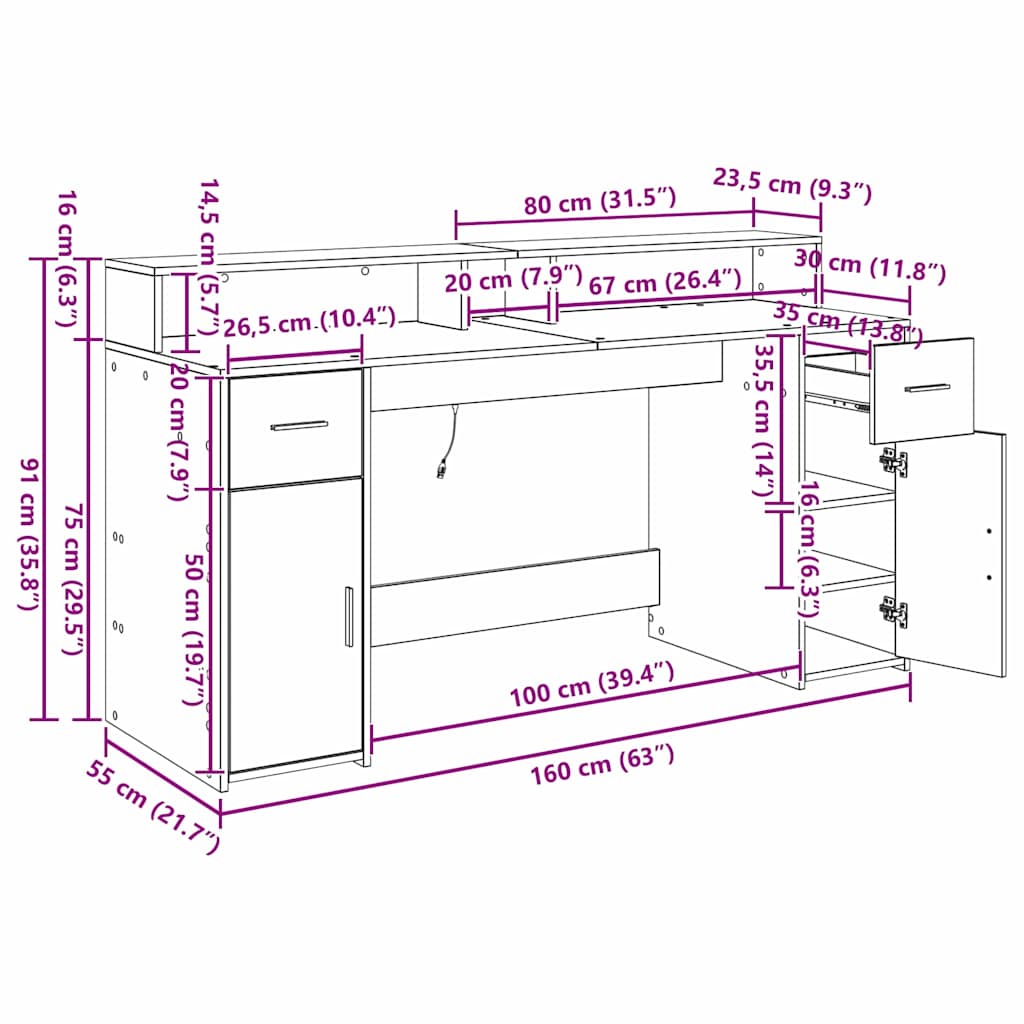 Bord Med Skuffe Sort Eg 160 X 55 X 91 Cm Konstrueret Træ - Billede 13