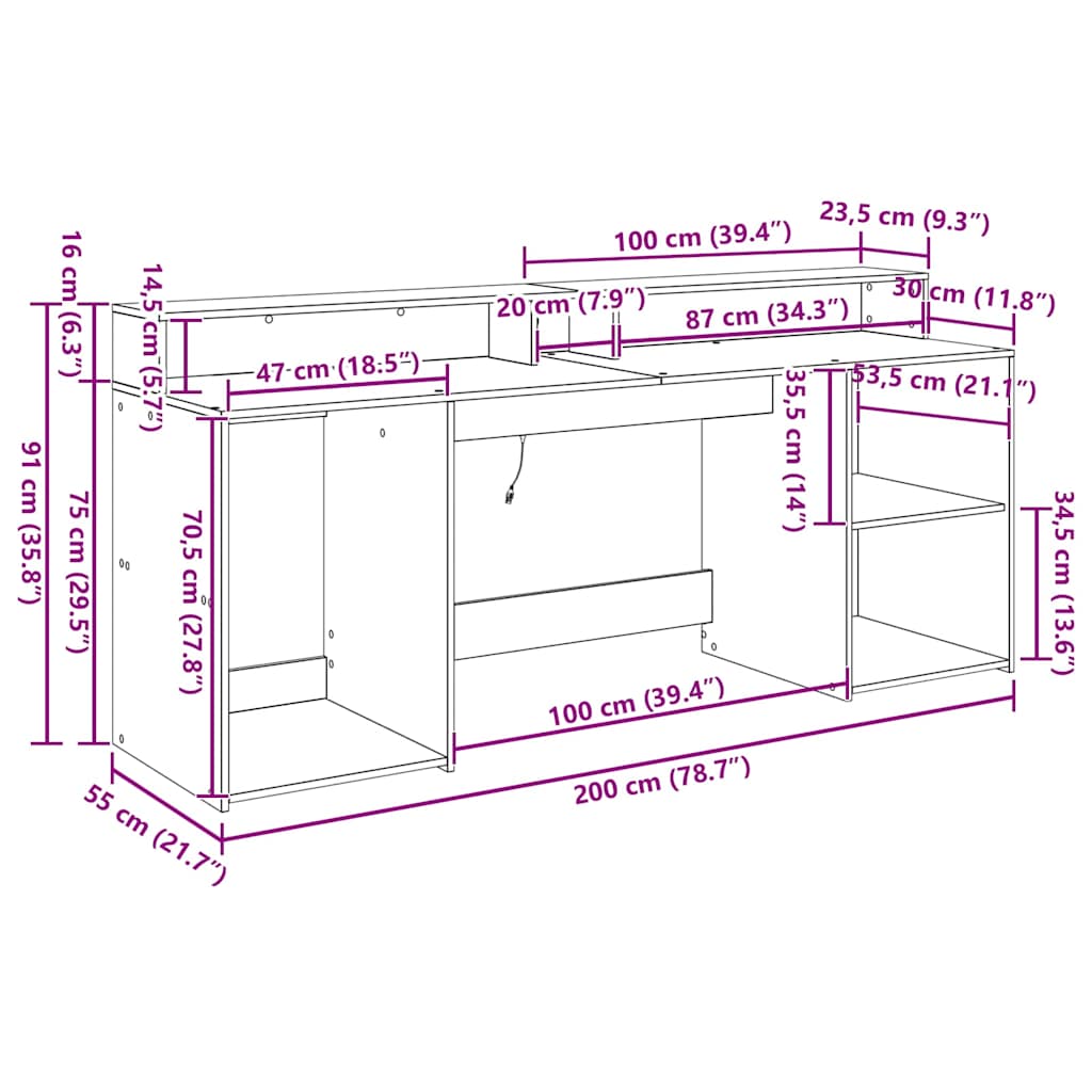 Bord Med Skuffe Sort Eg 200 X 55 X 91 Cm Konstrueret Træ - Billede 12