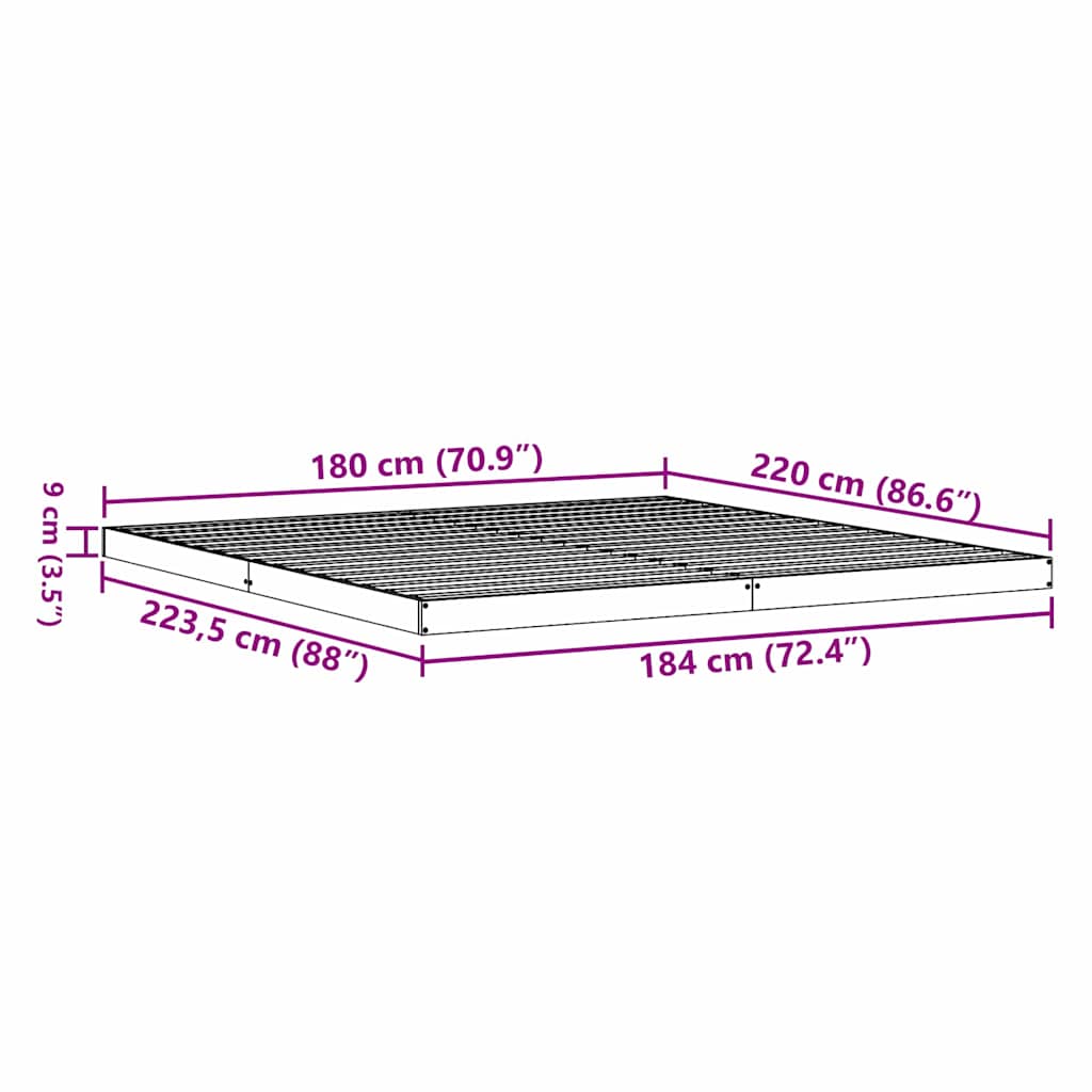 Gulv Seng Ramme Naturfarvet 180 220 Cm Massivt Fyrretræ - Billede 8