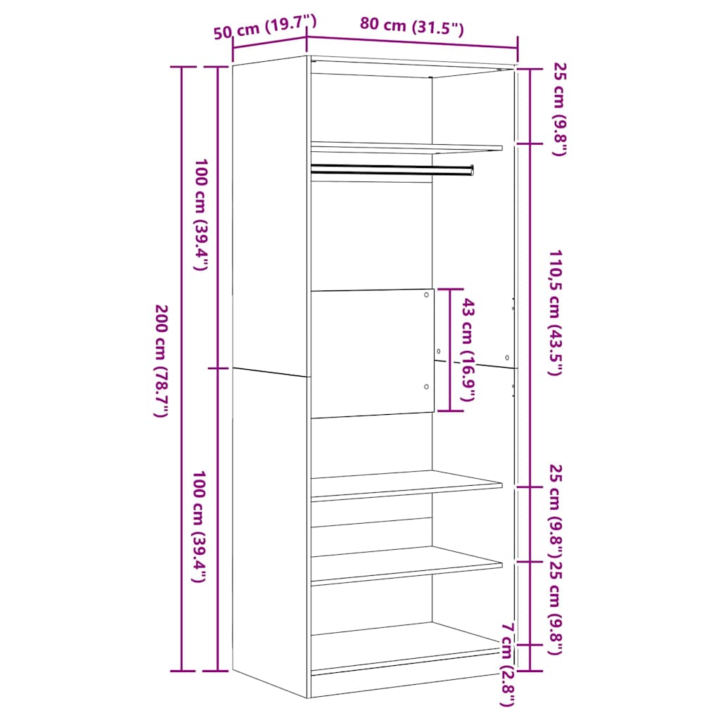 Garderobeskab Sort Eg 80 X 50 X 200 Cm Konstrueret Træ - Billede 9