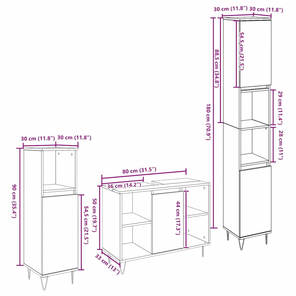 Badeværelsesmøbel Sæt Med Dør 3 Pcs Sort Eg 30 X 30 X 180 Cm - Billede 11