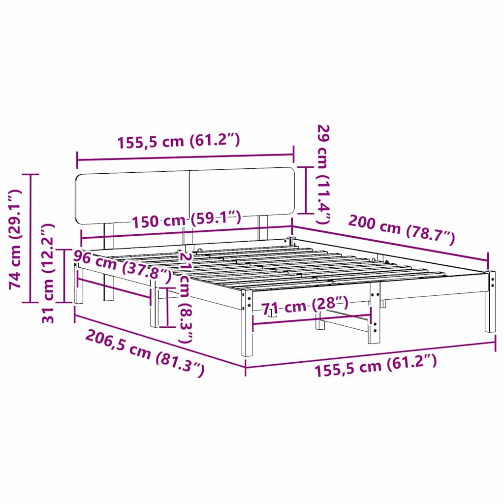 Sengestel Naturfarvet 150 200 Cm Massivt Fyrretræ - Billede 10