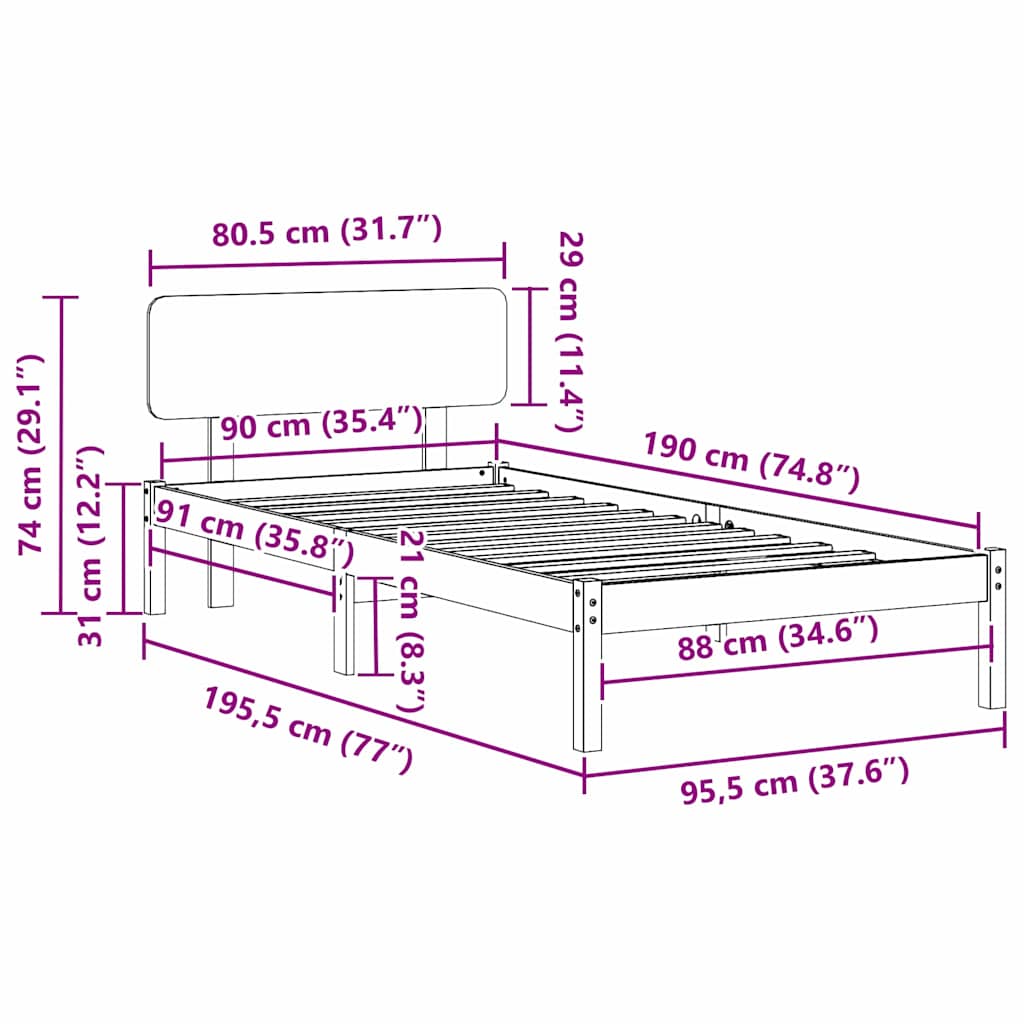 Sengestel Naturfarvet 90 190 Cm Massivt Fyrretræ - Billede 11