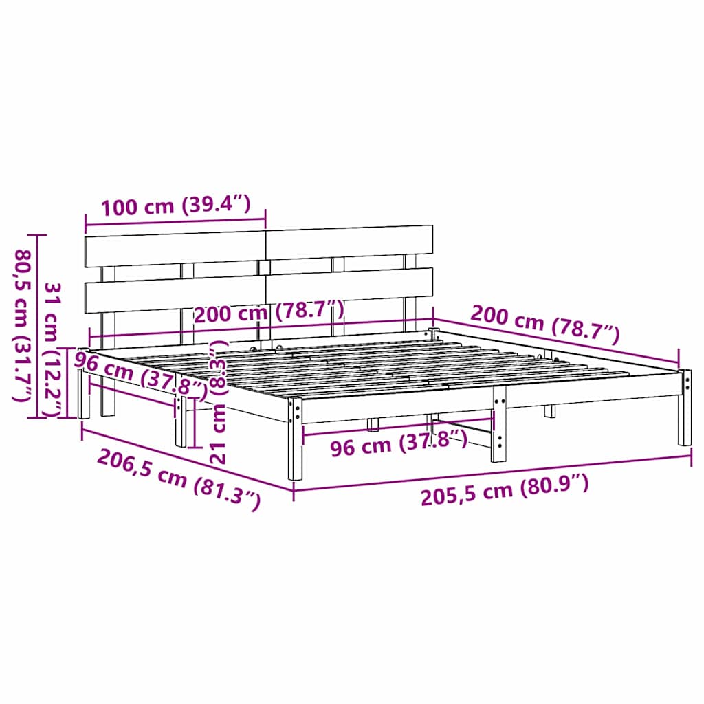 Sengestel Med Hovedgærde Hvid 200 X 200 Cm Massivt Fyrretræ - Billede 10