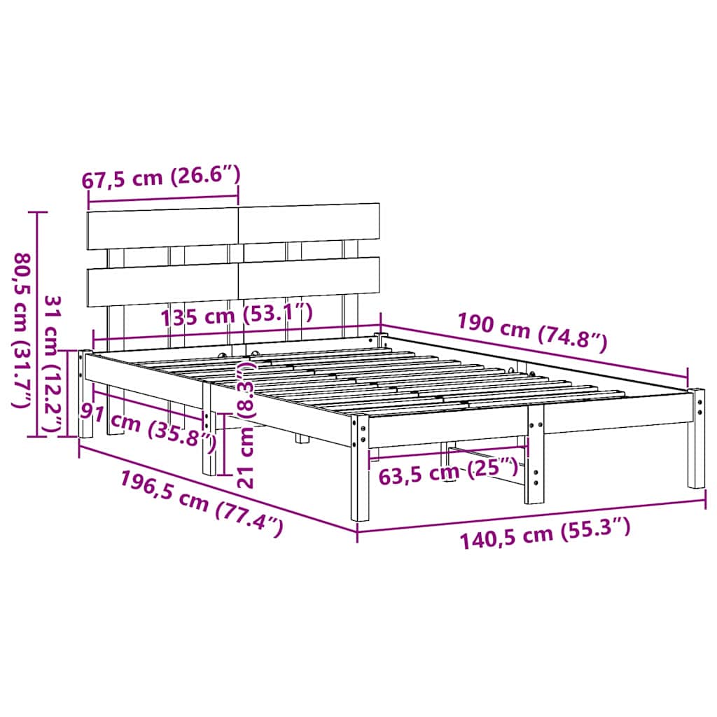 Sengestel Med Hovedgærde Brun 135 190 Cm Massivt Fyrretræ - Billede 10