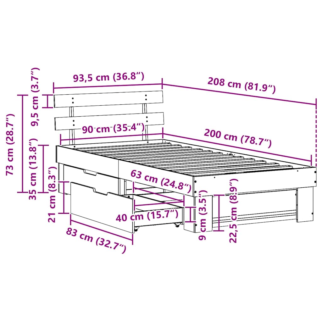 Sengestel Med Hovedgærde Brun 90 X 200 Cm Massivt Fyrretræ - Billede 13
