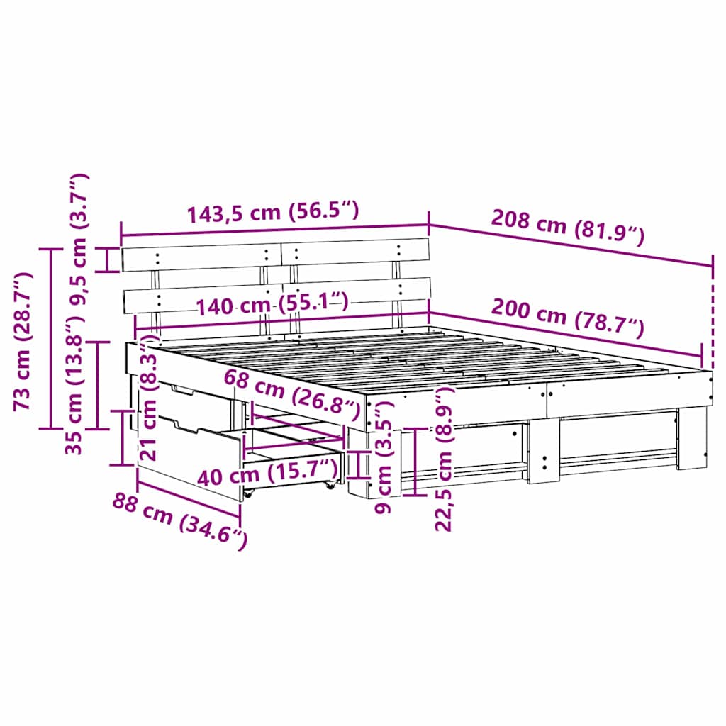 Sengestel Med Hovedgærde Hvid 140 X 200 Cm Massivt Fyrretræ - Billede 13