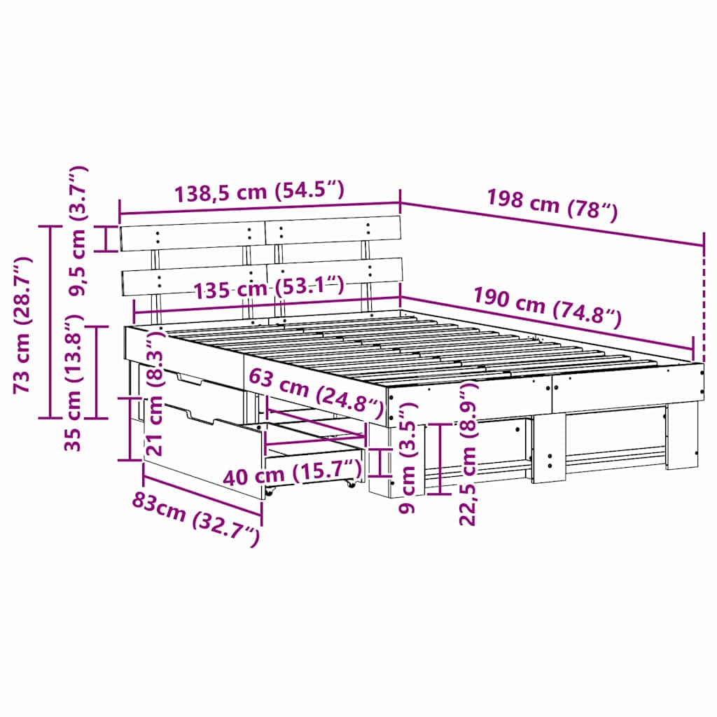 Sengestel Med Hovedgærde Brun 135 X 190 Cm Massivt Fyrretræ - Billede 13