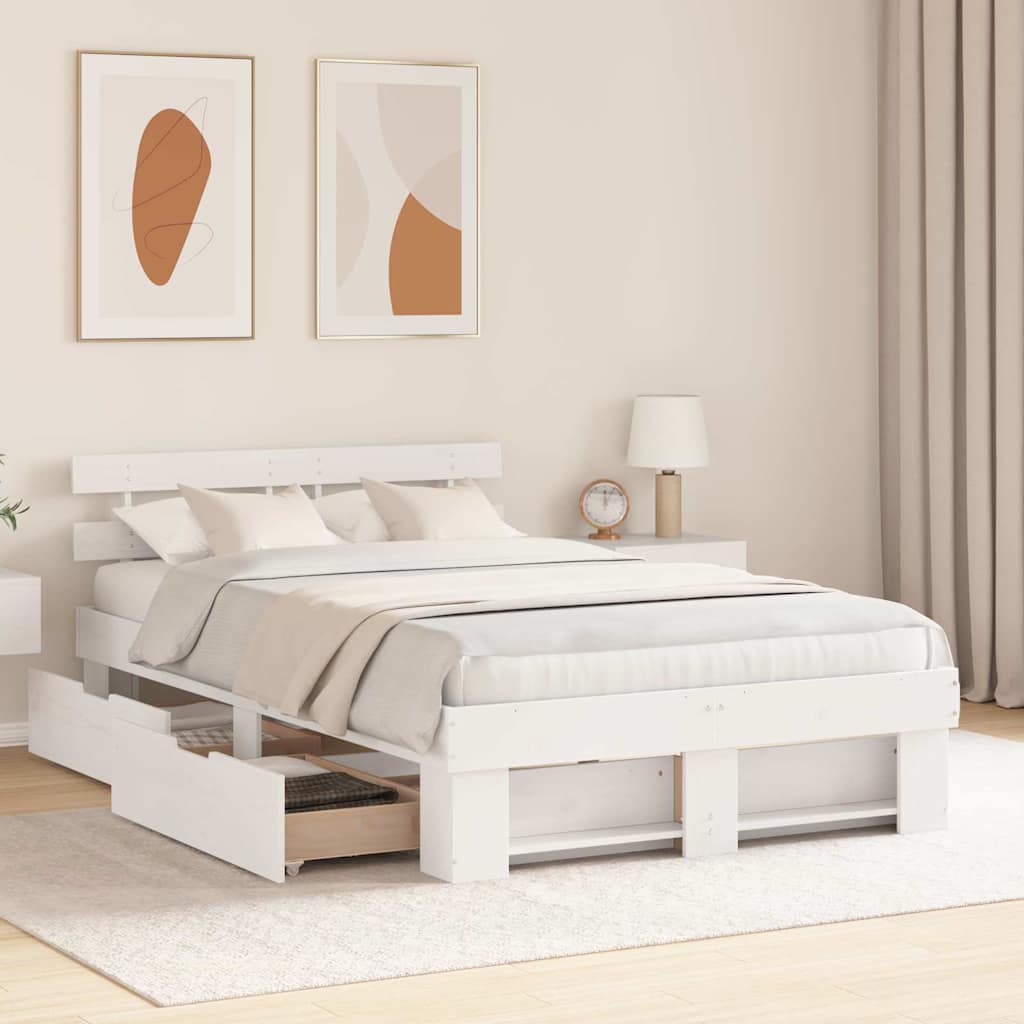 Sengestel Med Hovedgærde Hvid 135 X 190 Cm Massivt Fyrretræ - Billede 4