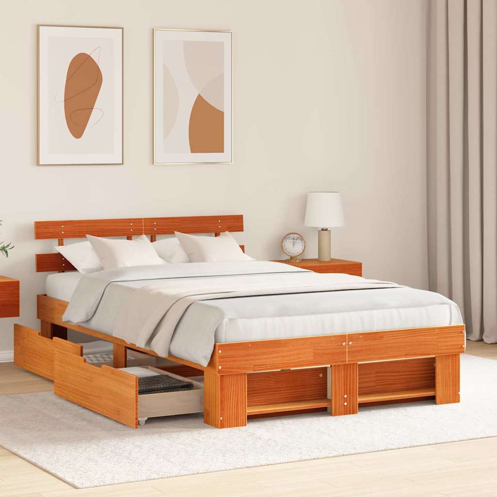 Sengestel Med Hovedgærde Brun 135 X 190 Cm Massivt Fyrretræ - Billede 4