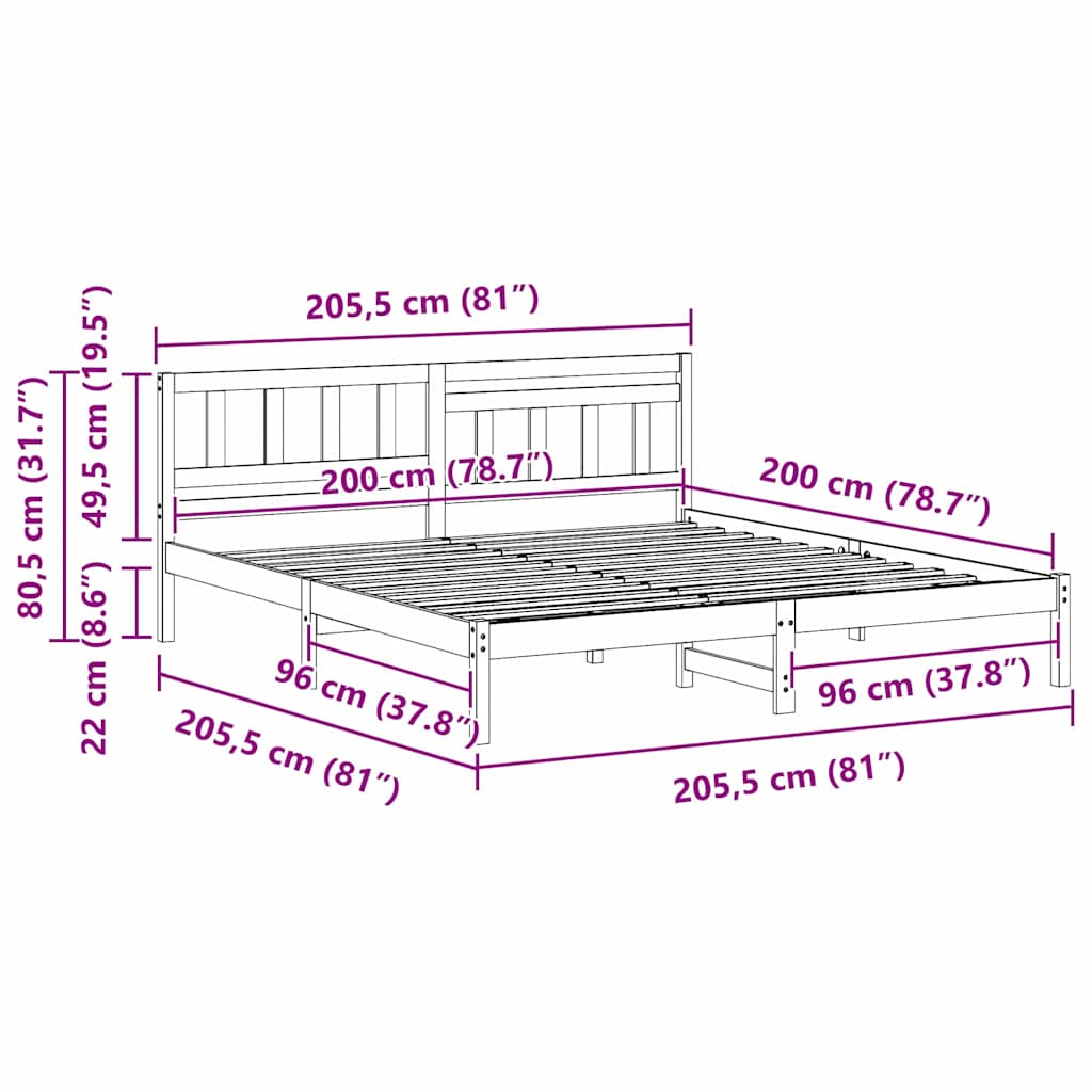 Sengestel Med Hovedgærde Hvid 200 X 200 Cm Massivt Fyrretræ - Billede 10