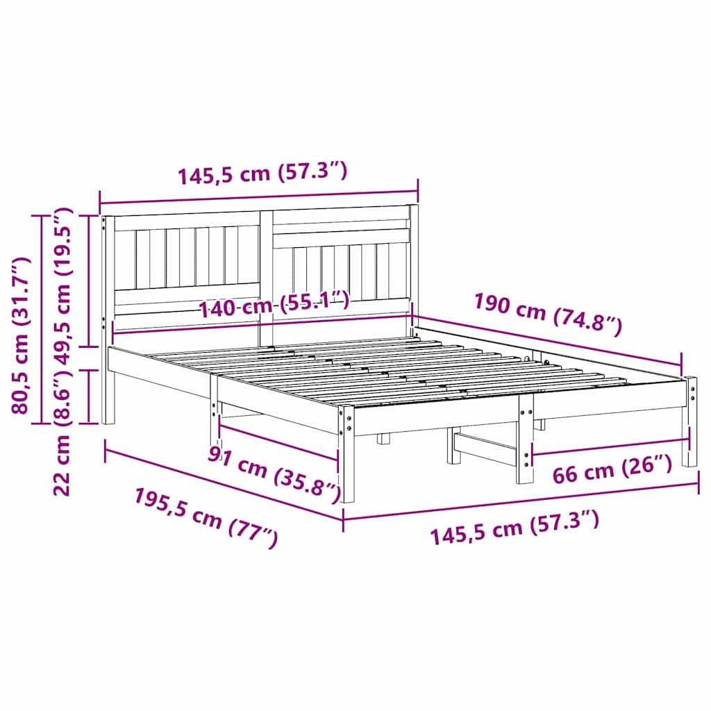 Sengestel Med Hovedgærde Hvid 140 X 190 Cm Massivt Fyrretræ - Billede 10