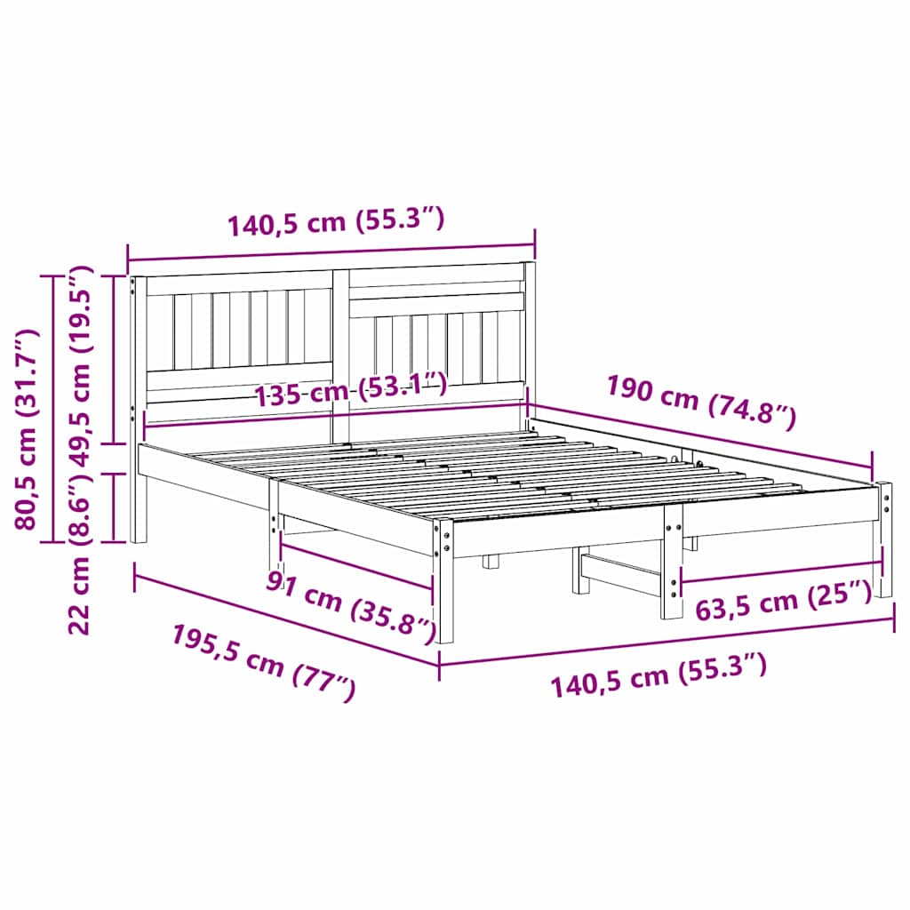 Sengestel Med Hovedgærde Brun 135 190 Cm Massivt Fyrretræ - Billede 10