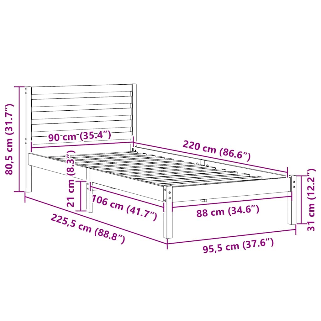 Sengestel Med Hovedgærde Hvid 90 220 Cm Massivt Fyrretræ - Billede 10