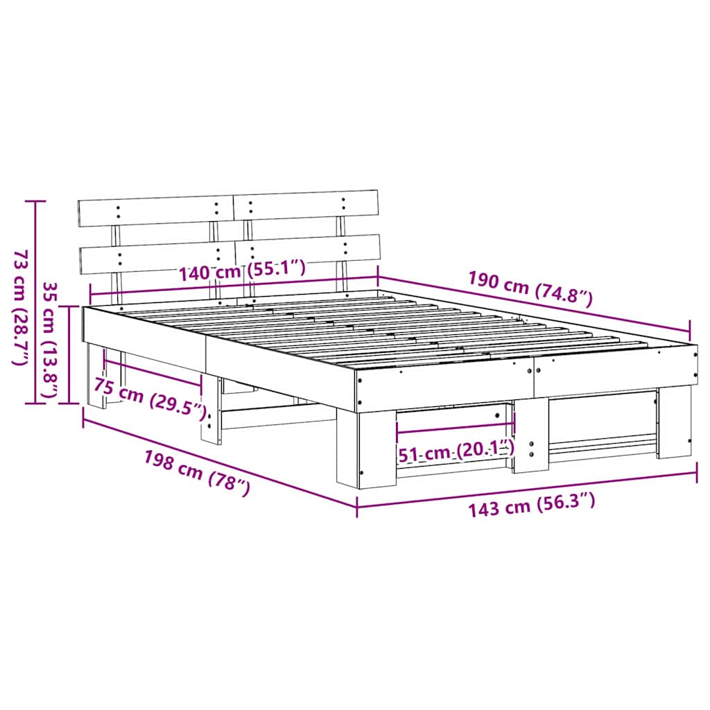 Sengestel Med Hovedgærde Brun 140 X 190 Cm Massivt Fyrretræ - Billede 10