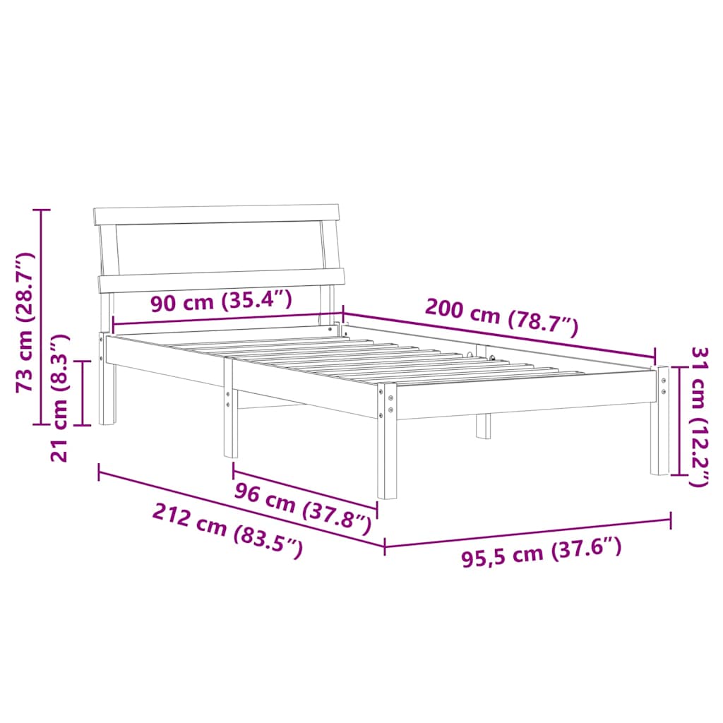 Sengestel Med Hovedgærde Hvid 90 X 200 Cm Massivt Fyrretræ - Billede 10