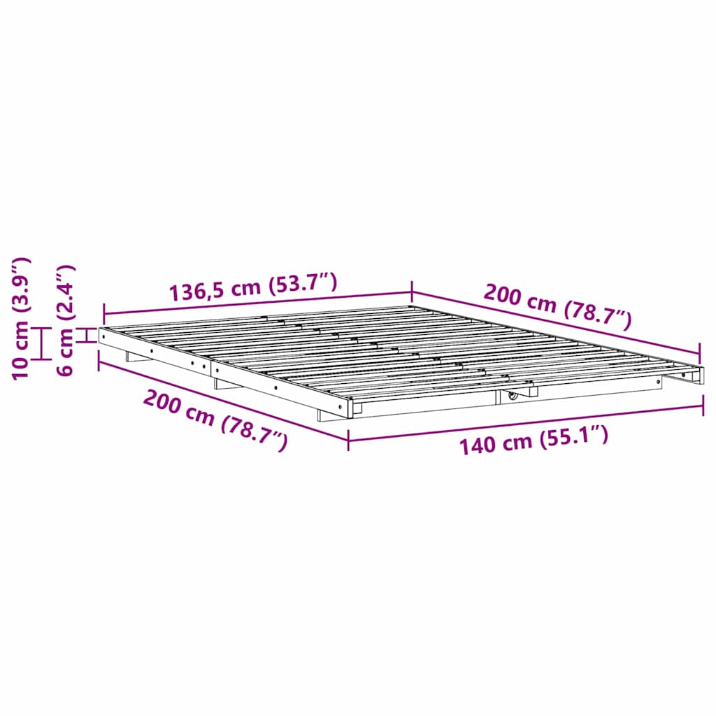 Gulv Seng Ramme Hvid 140 X 200 Cm Massivt Fyrretræ - Billede 10