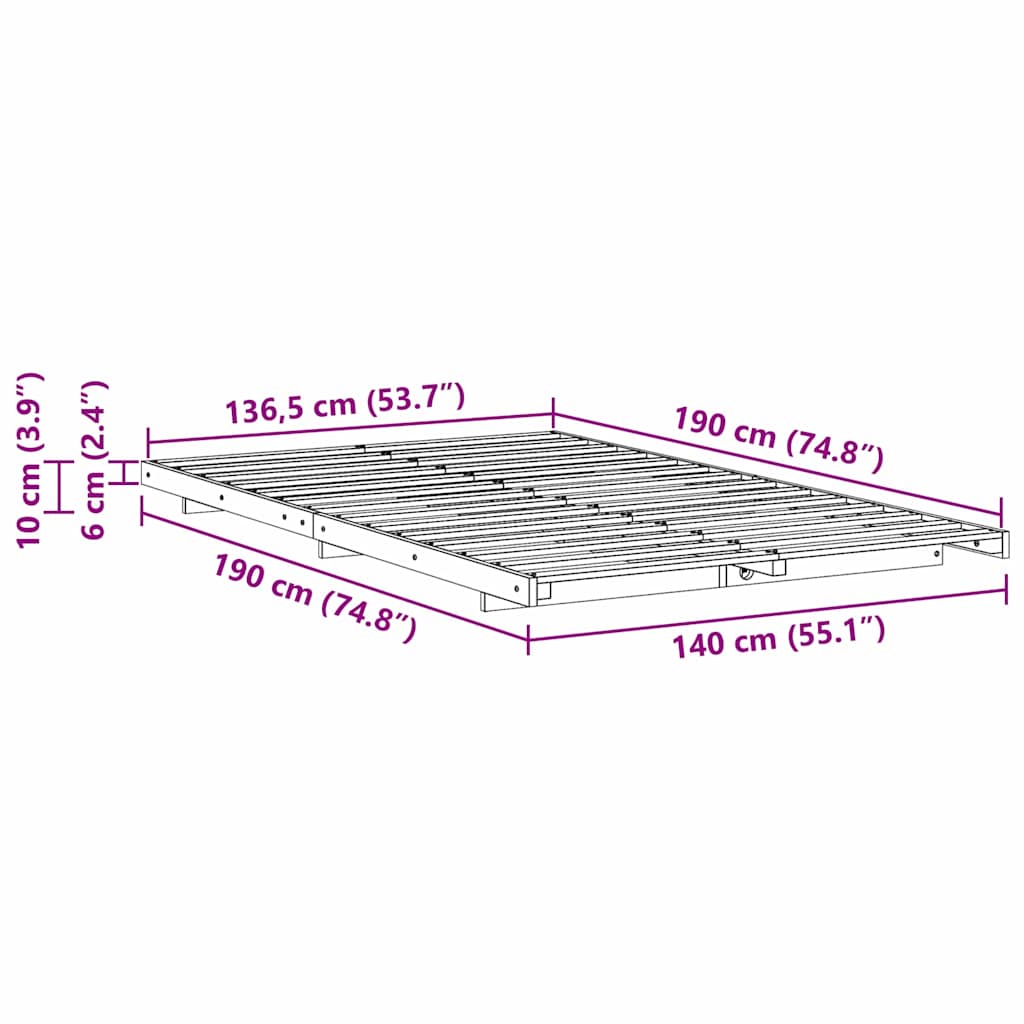 Gulv Seng Ramme Hvid 140 190 Cm Massivt Fyrretræ - Billede 10