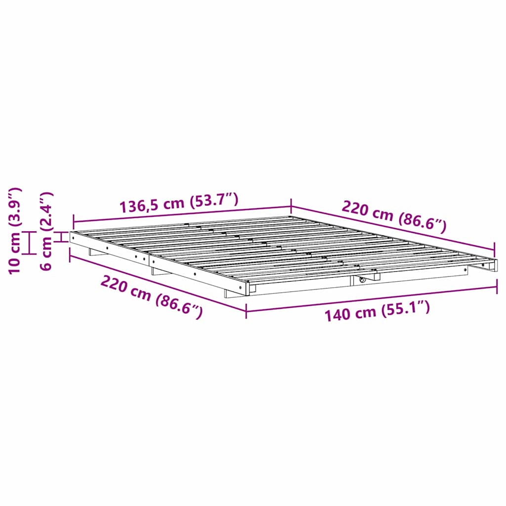 Gulv Seng Ramme Brun 140 220 Cm Massivt Fyrretræ - Billede 10