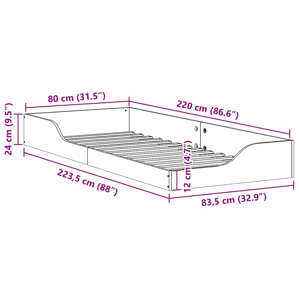 Gulv Seng Ramme Hvid 80 220 Cm Massivt Fyrretræ - Billede 10