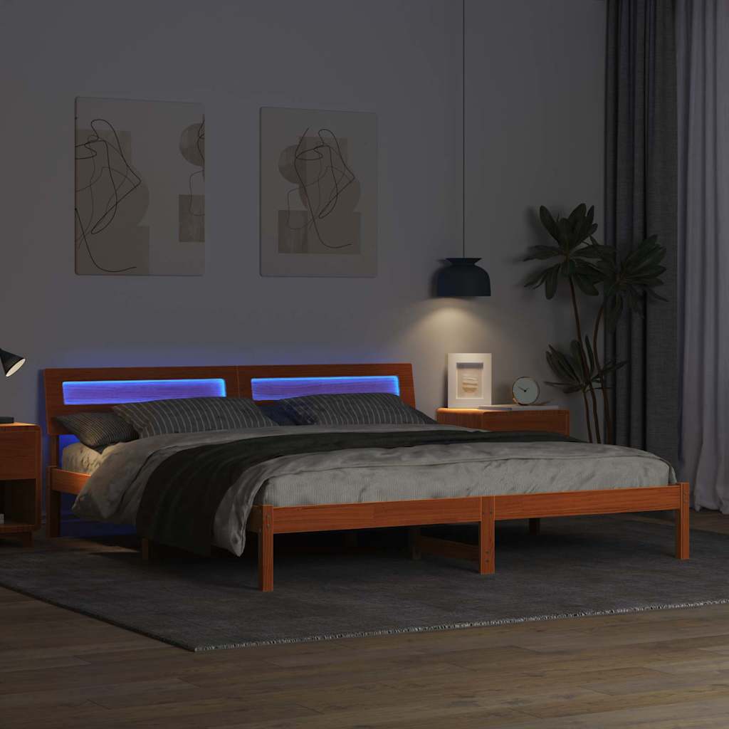 Sengestel Med Led -strimmellys Brun 200 X 200 Cm Massivt Træ - Billede 4