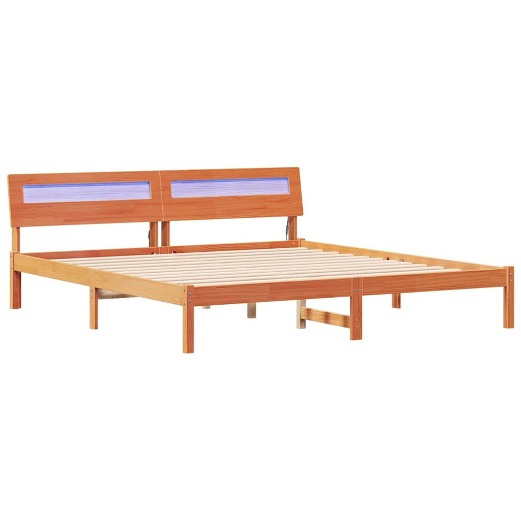 Sengestel Med Led -strimmellys Brun 200 X 200 Cm Massivt Træ - Billede 2