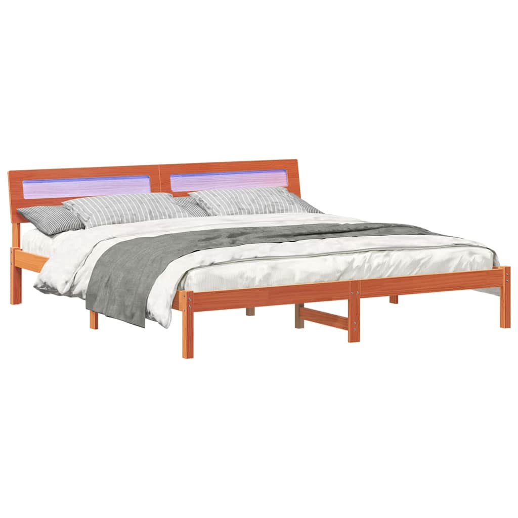 Sengestel Med Led -strimmellys Brun 200 X 200 Cm Massivt Træ - Billede 3
