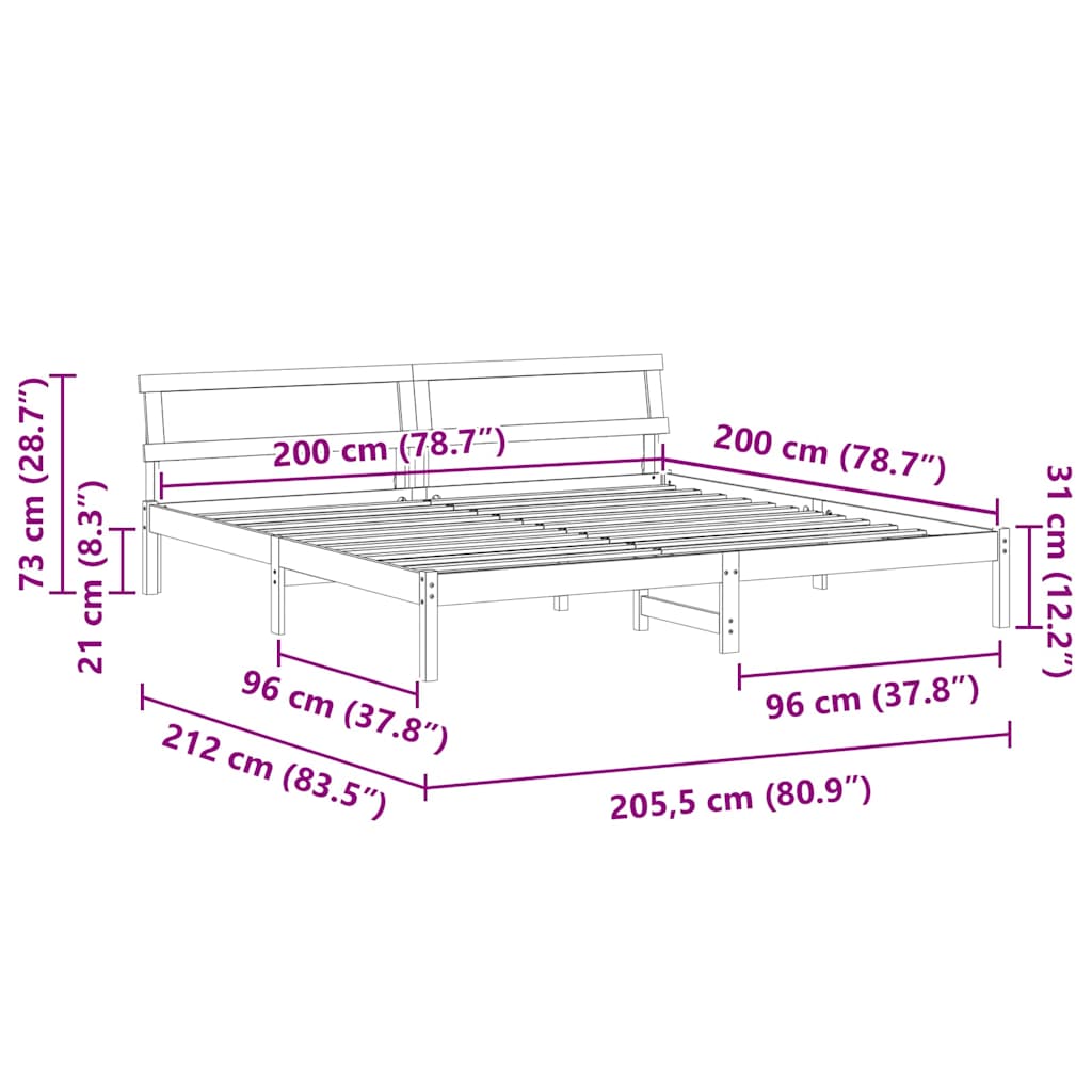 Sengestel Med Hovedgærde Hvid 200 X 200 Cm Massivt Fyrretræ - Billede 10