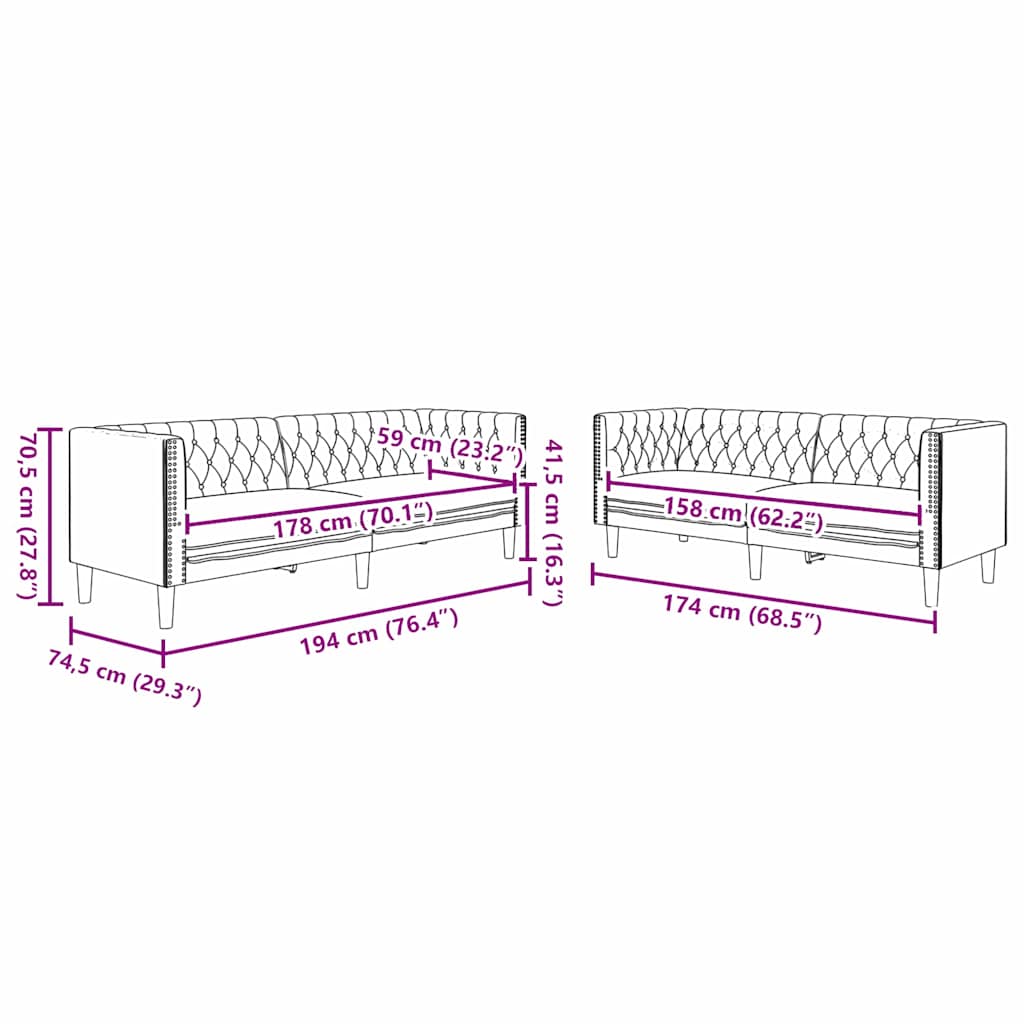 Sofa Sæt 2 Pcs Sort 194 X 74.5 X 70.5 Cm Kunstlæder - Billede 8