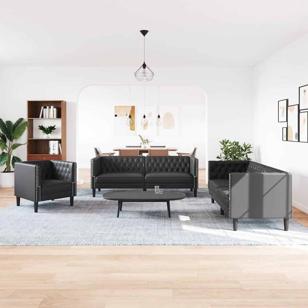 Sofa Sæt 3 Pcs Sort 194 X 74.5 X 70.5 Cm Kunstlæder - Hovedbillede
