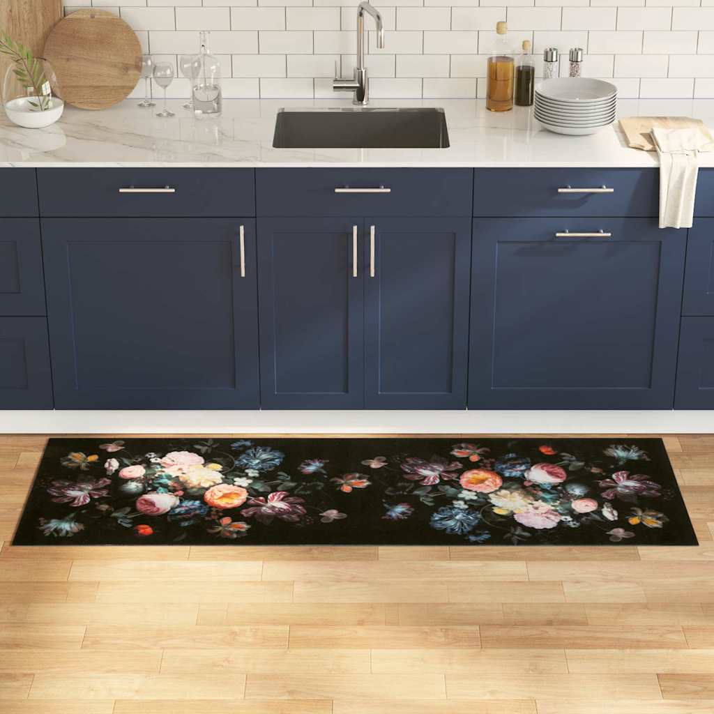 Køkken Måtte Blomstret Sort 180 X 60 Cm Fløjl - Hovedbillede