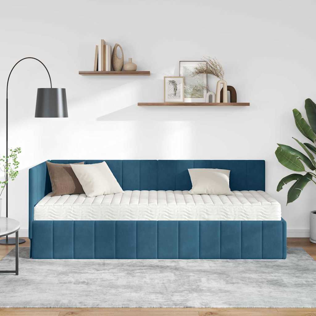 Hjørnesengramme Med Madras Med Hovedgærde Blå 80 X 200 Cm Fløjl - Billede 4