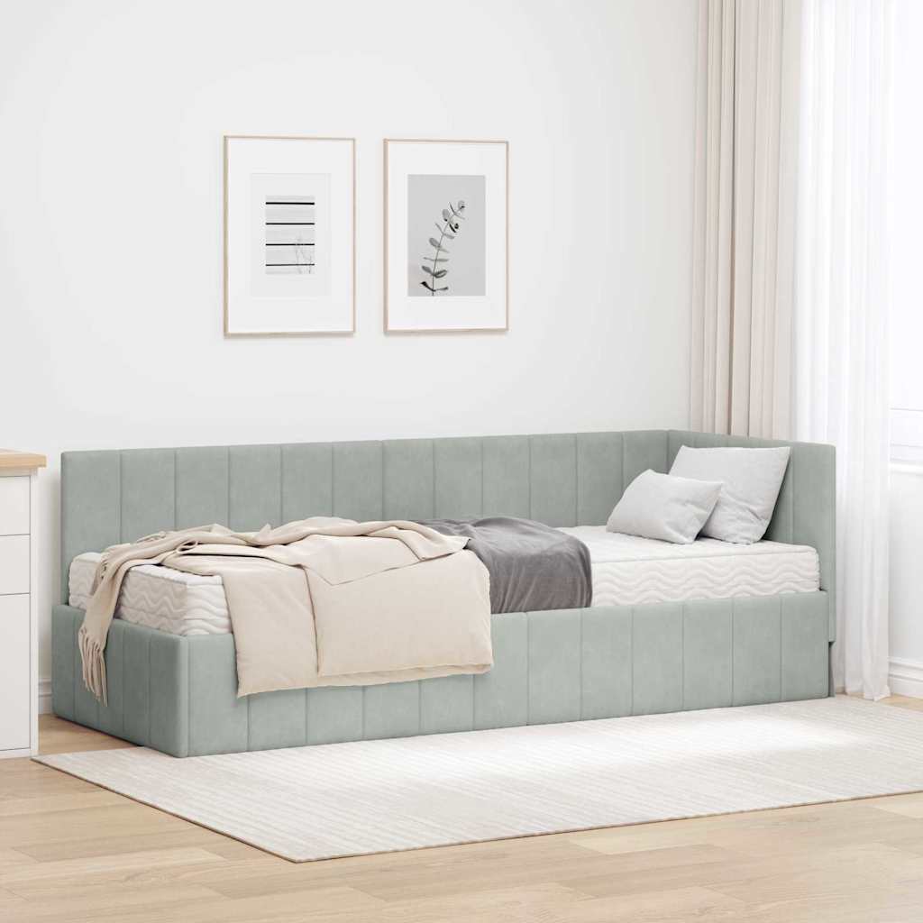 Hjørnesengramme Med Madras Lysegrå 80 X 200 Cm Fløjl - Hovedbillede