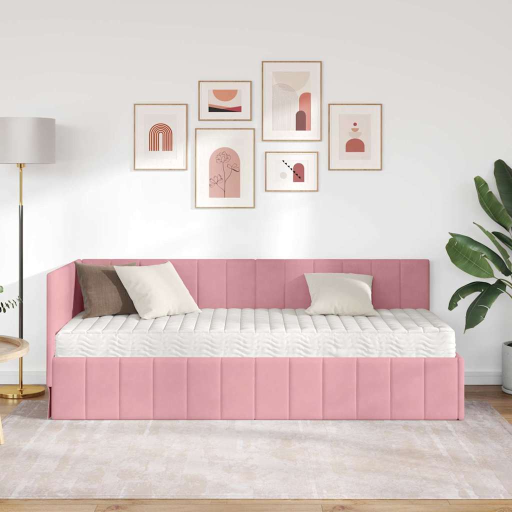 Hjørnesengramme Med Madras Lyserød 80 X 200 Cm Fløjl - Billede 4