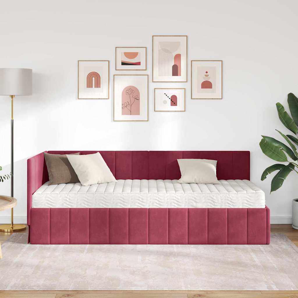 Hjørnesengramme Med Madras Vinrød 80 X 200 Cm Fløjl - Billede 4