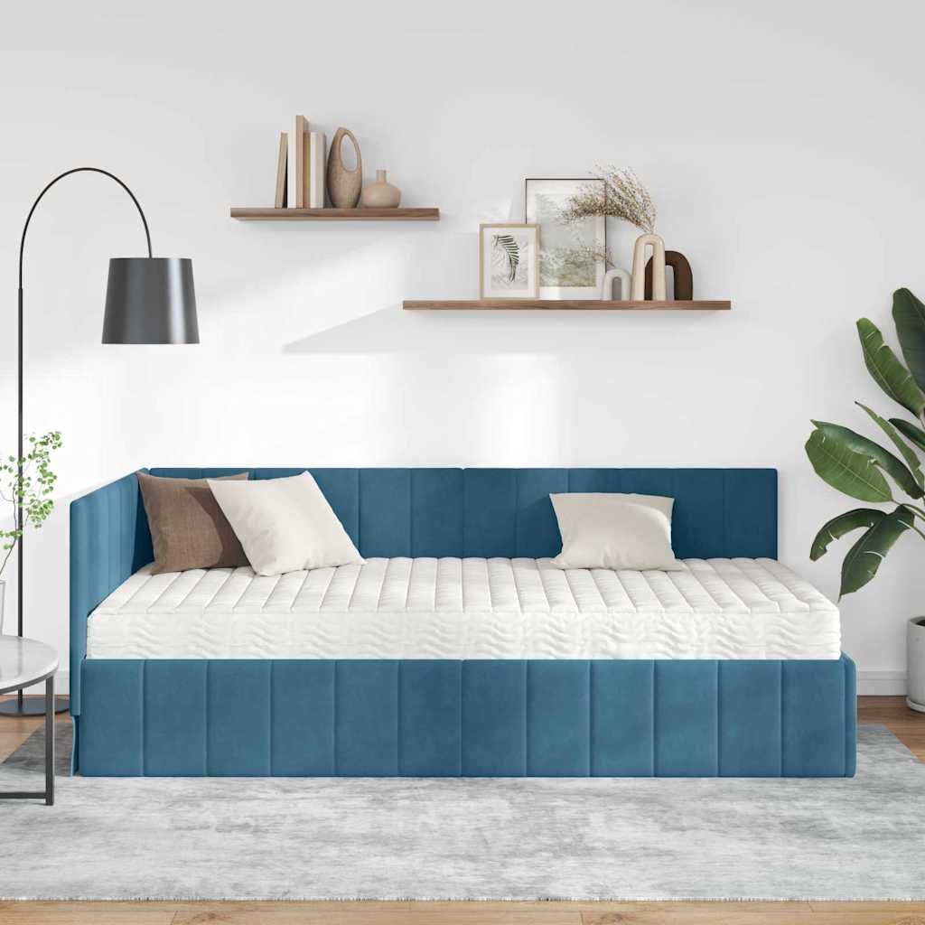 Hjørnesengramme Med Madras Med Hovedgærde Blå 90 X 190 Cm Fløjl - Billede 4