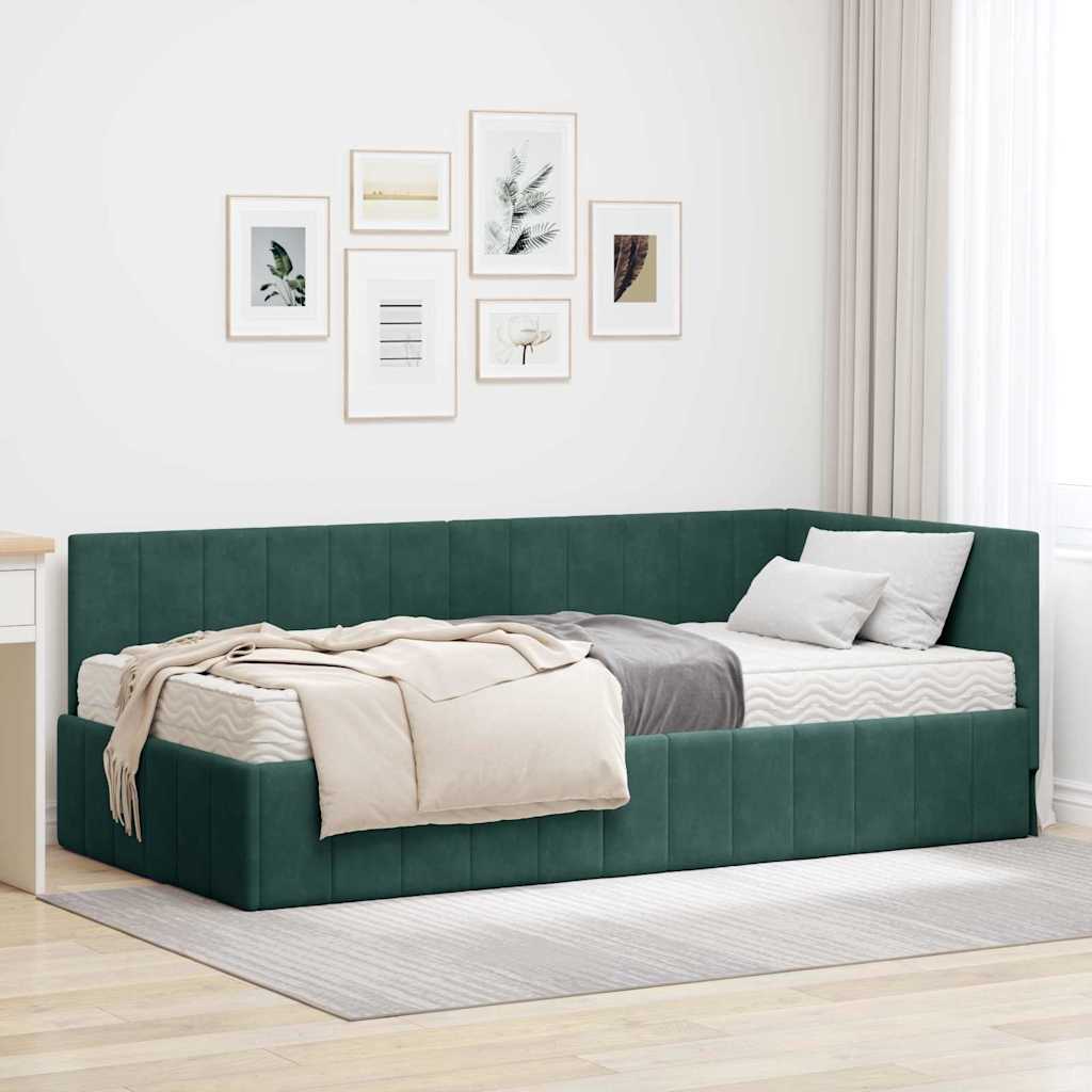 Hjørnesengramme Med Madras Mørkegrøn 90 X 190 Cm Fløjl - Hovedbillede