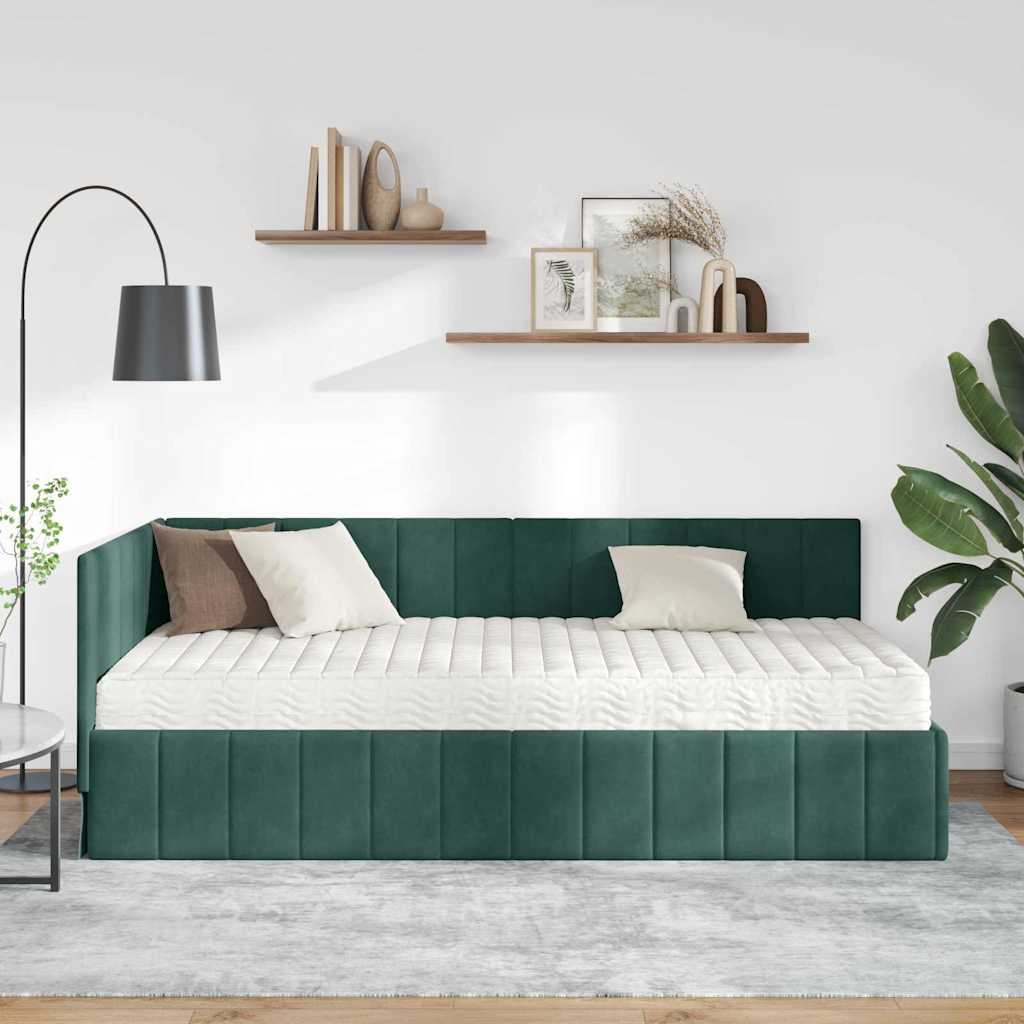Hjørnesengramme Med Madras Mørkegrøn 90 X 190 Cm Fløjl - Billede 4