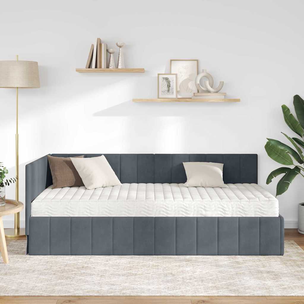 Hjørnesengramme Med Madras Mørkegrå 90 X 200 Cm Fløjl - Billede 4