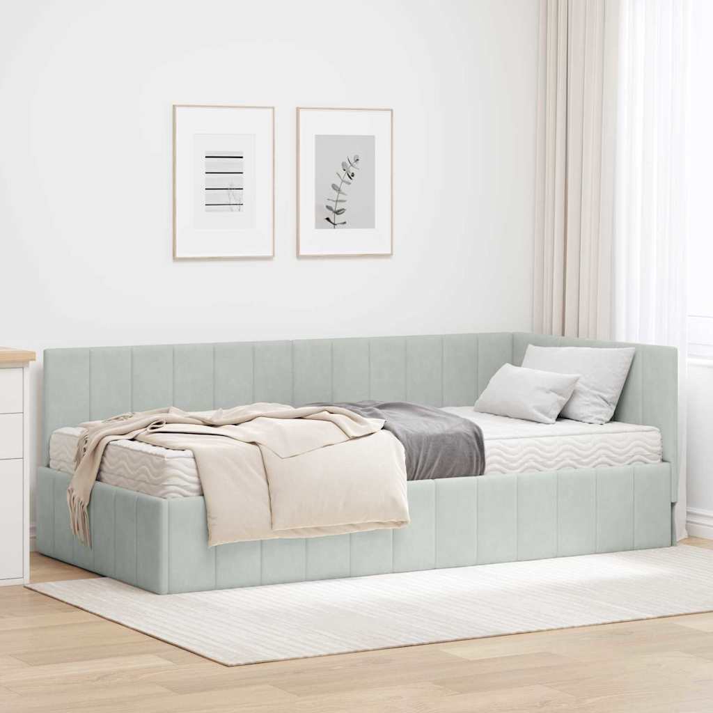 Hjørnesengramme Med Madras Lysegrå 100 X 200 Cm Fløjl - Hovedbillede