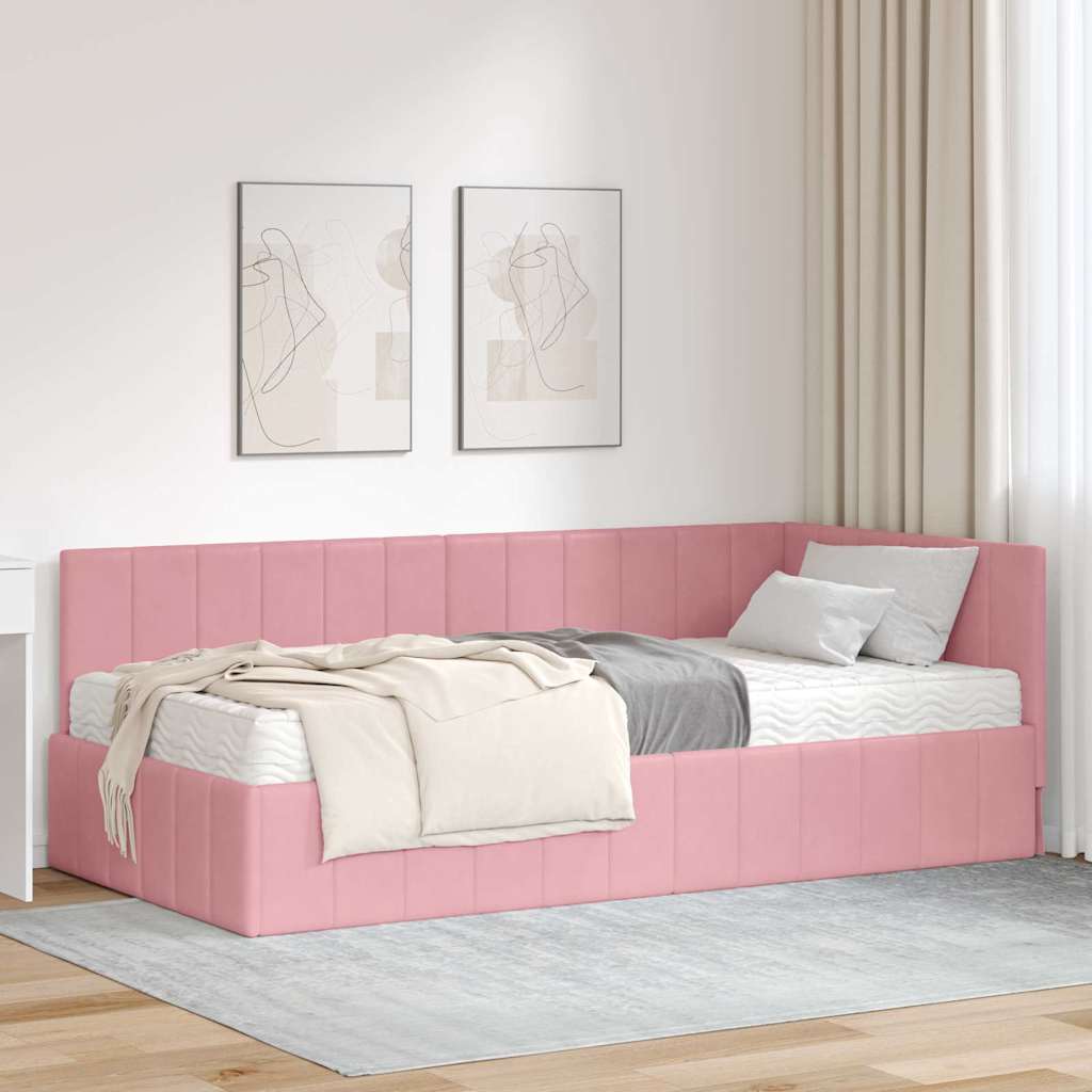 Hjørnesengramme Med Madras Lyserød 100 X 200 Cm Fløjl - Hovedbillede